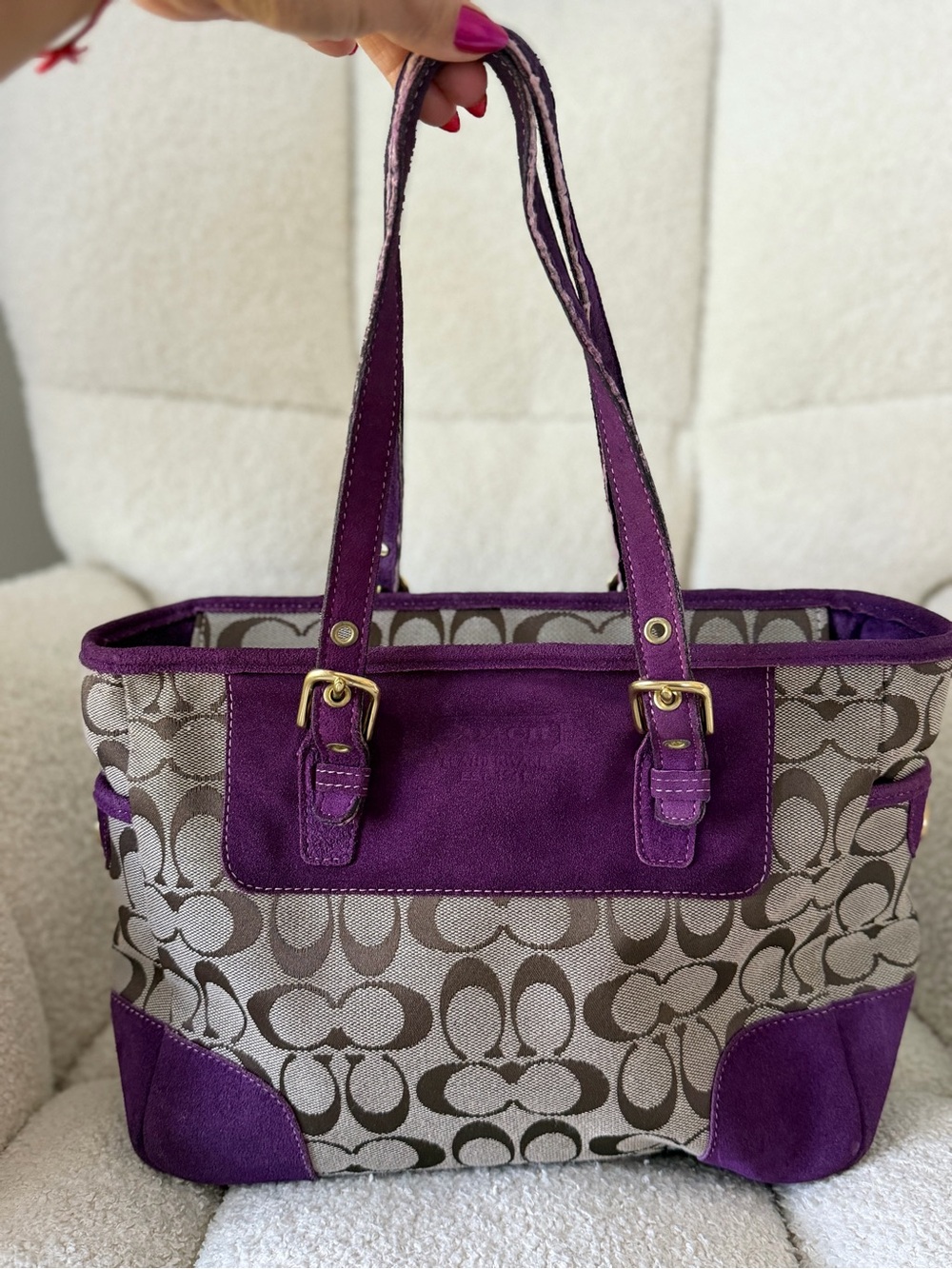 Coach Brown Signature Canvas Tote with Purple Suede Trim
